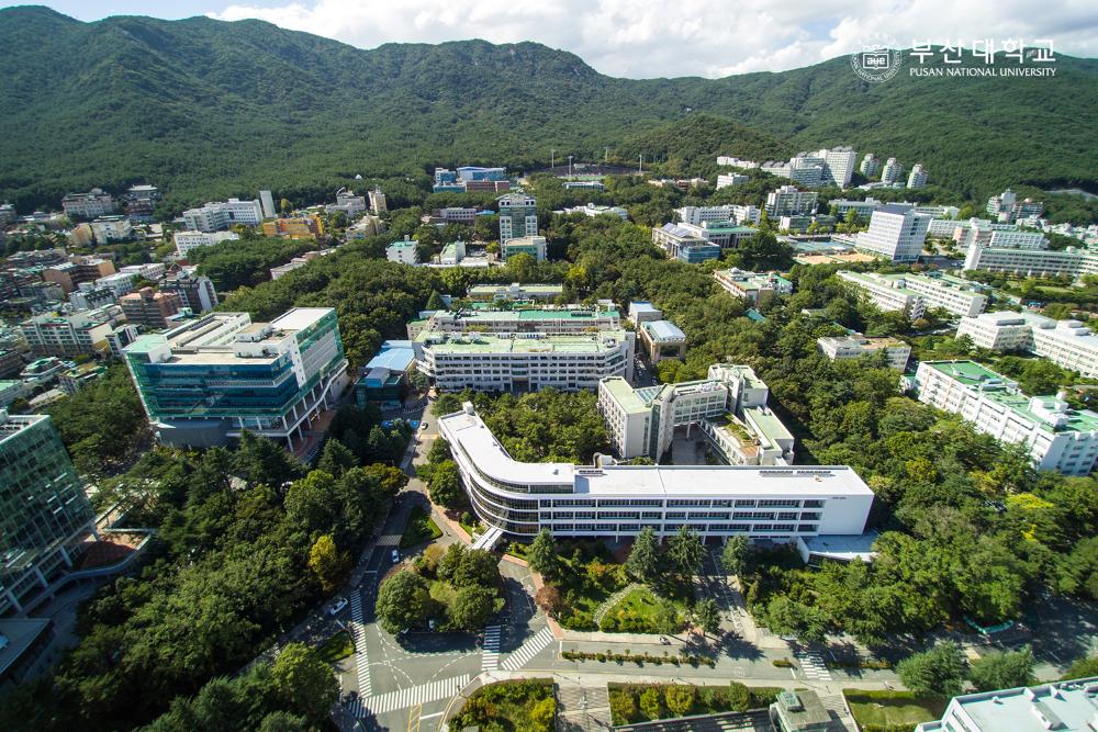 Eine Luftaufnahme des Busan Campus. Einige große Gebäude stehen umgeben von Bäumen im Vordergrund. Im Hintergrund ist eine grüne Bergkette zu sehen. 