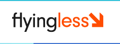 Das Bild zeigt das Logo von flying less, ein Schriftzug in schwarz und orange.